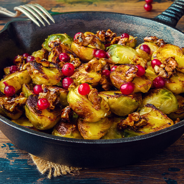 roasted brussle sprouts in cast iron skillet